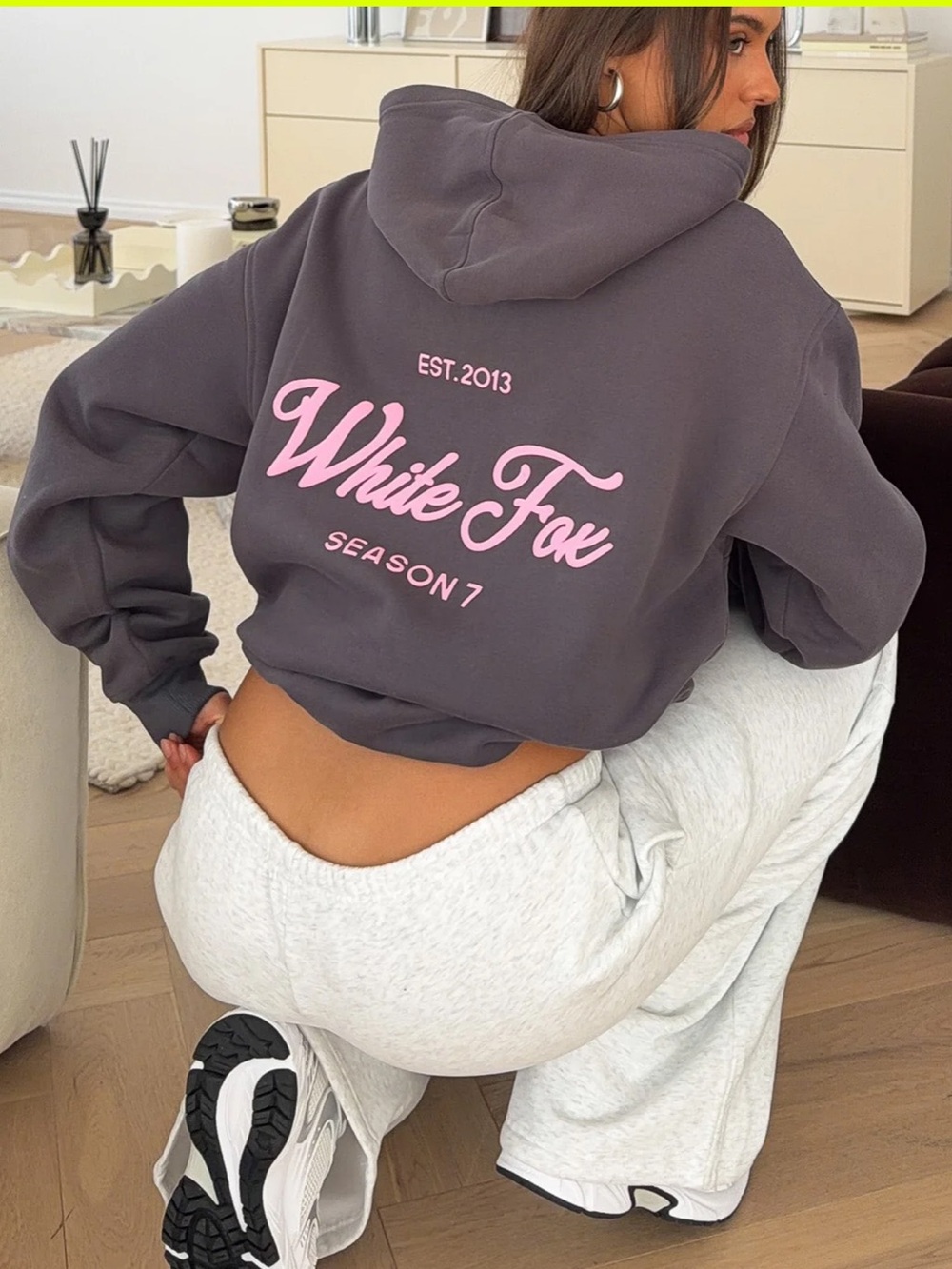 White Fox Season 7 Oversized Hoodie Womens M/L in Monument Gray with Pink Logo
